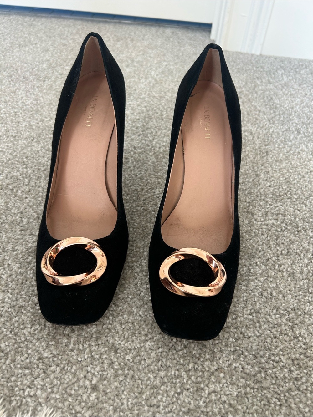 LK Bennett Black Suede Pumps with Gold Circle Accent